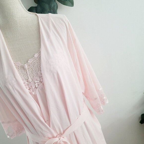 Shadowline Vintage Nylon Peignoir Pink Long Lace Sleevless Night Gown Robe Set S - Picture 2 of 16